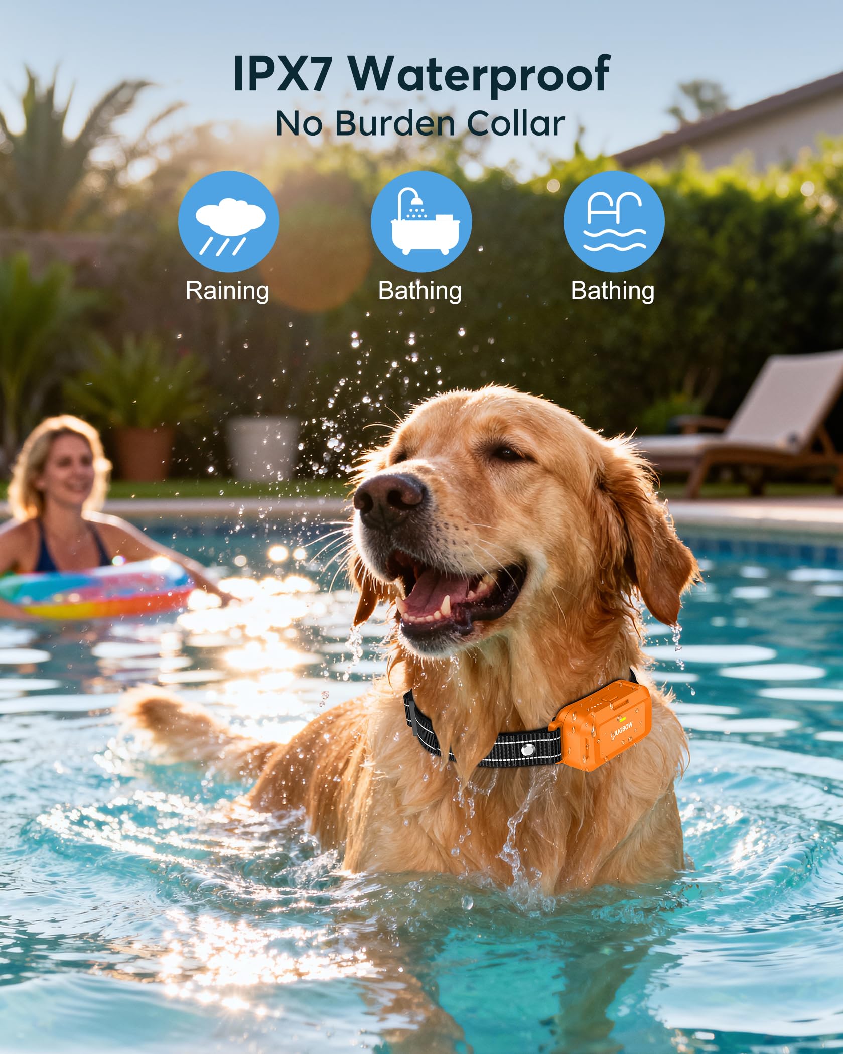 Jugbow IPX7 waterproof collar withstands rain and wet play