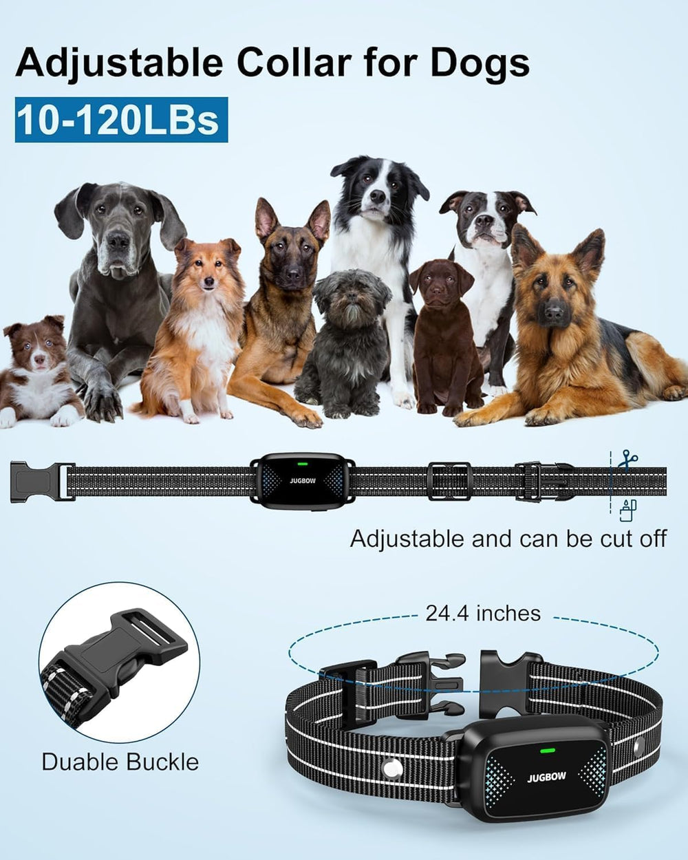 Jugbow adjustable collar fits necks from small to large dogs for versatile use