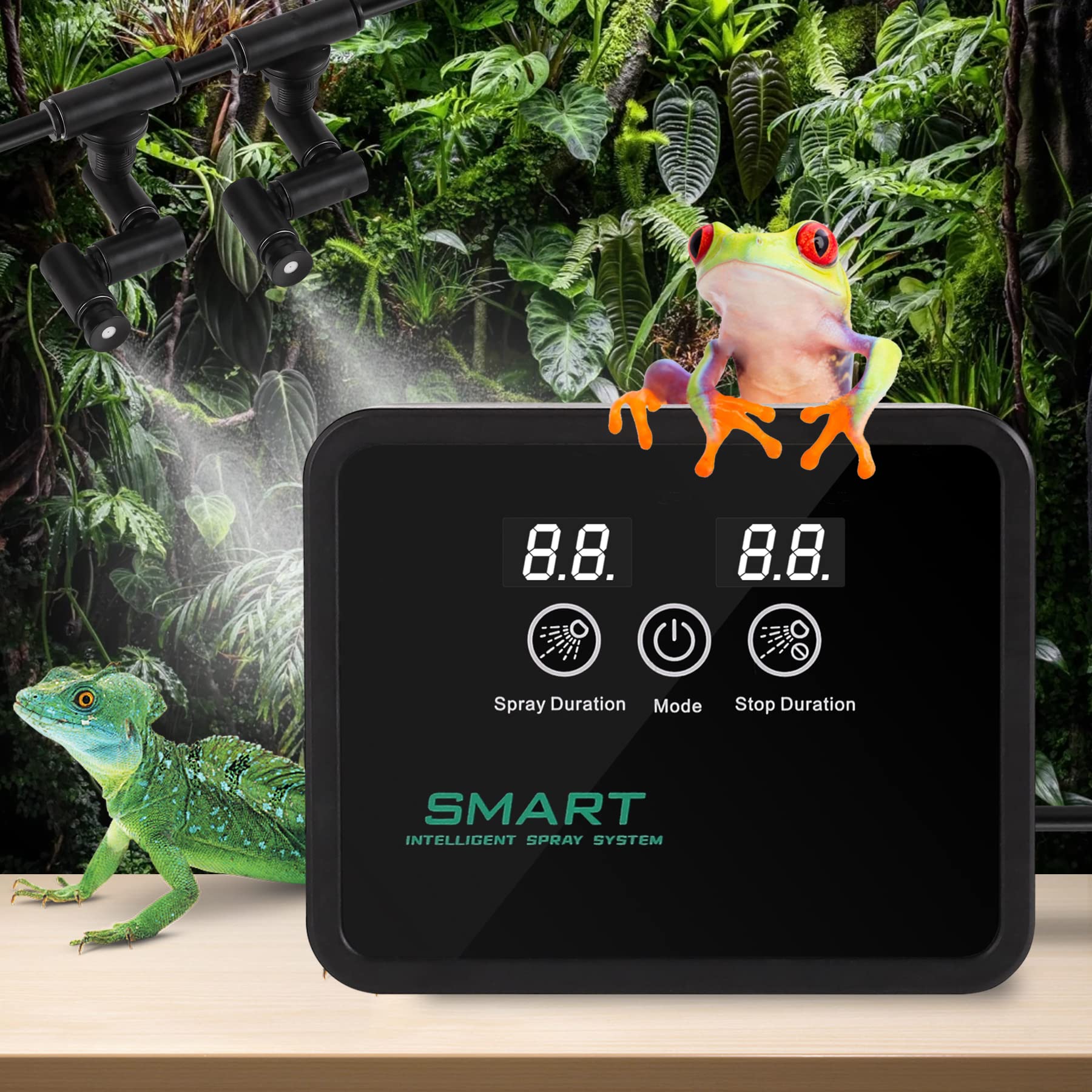 Juilsioa reptile fogger 360-degree nozzle demonstrates wide coverage.