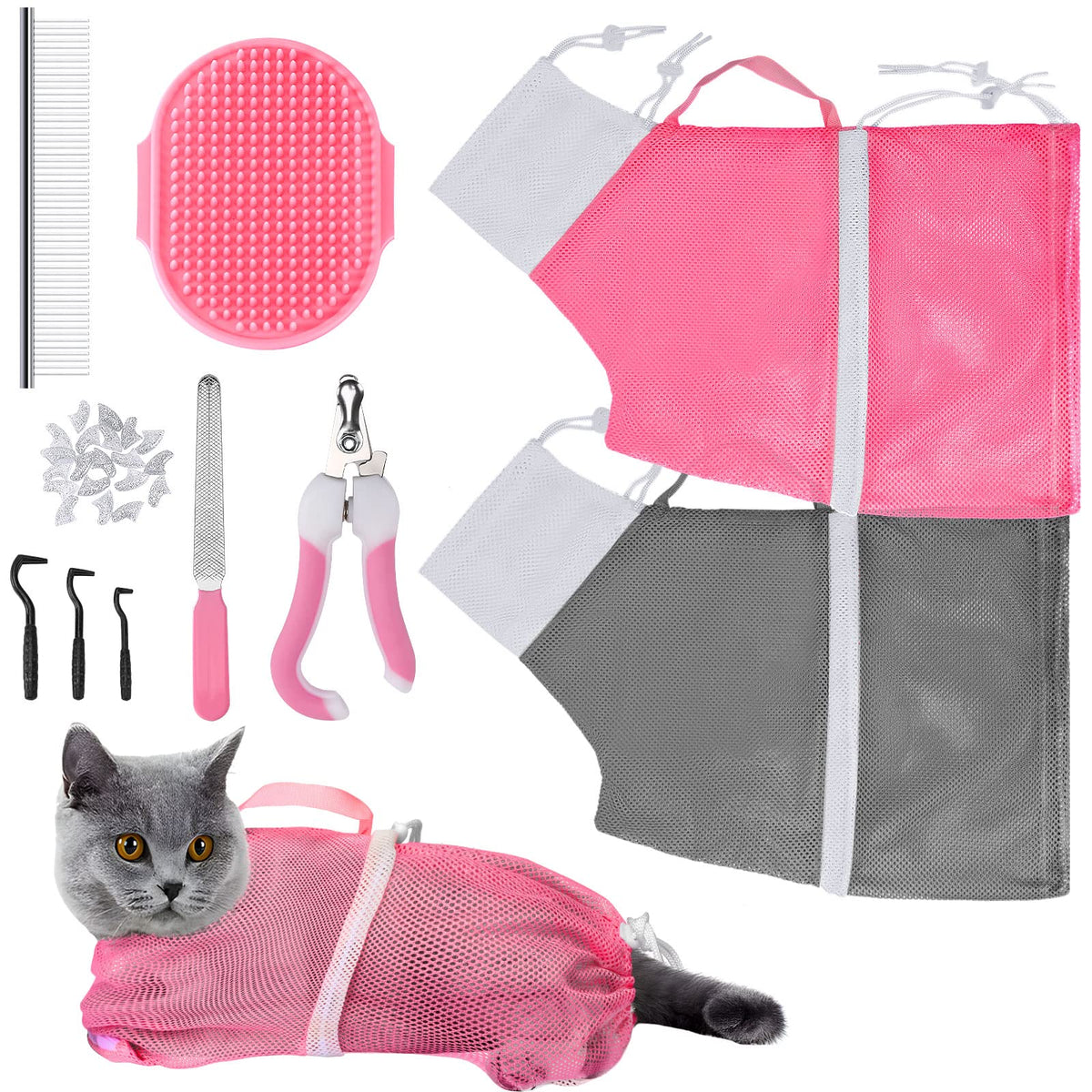 JULMELON cat washing bag pink front view promotes safe bath time.