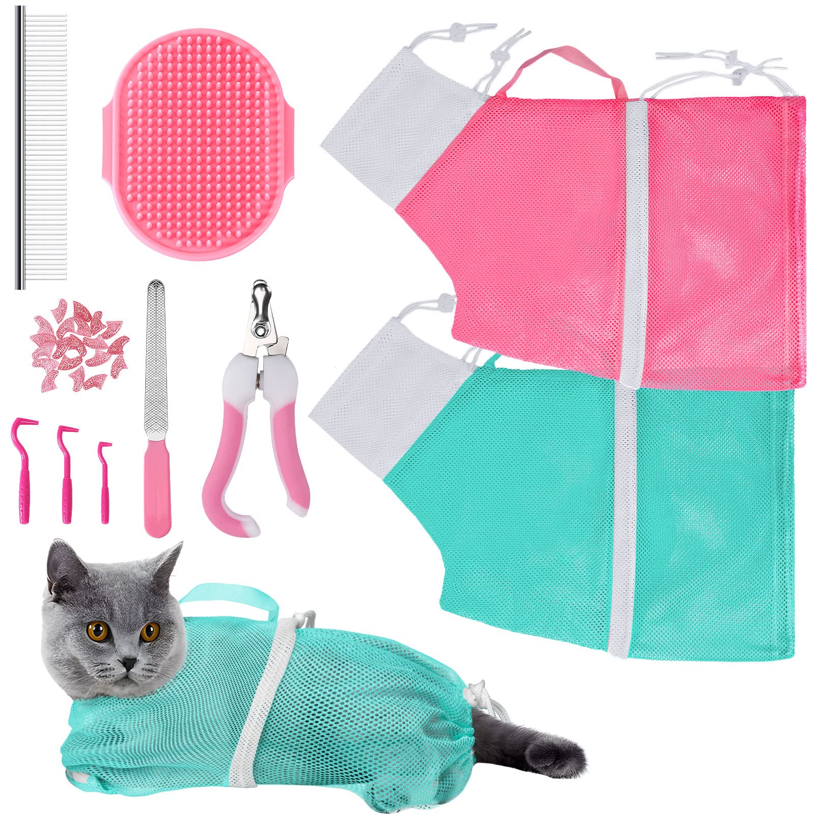 JULMELON cat washing bag set pink, keeps cat calm during bath.