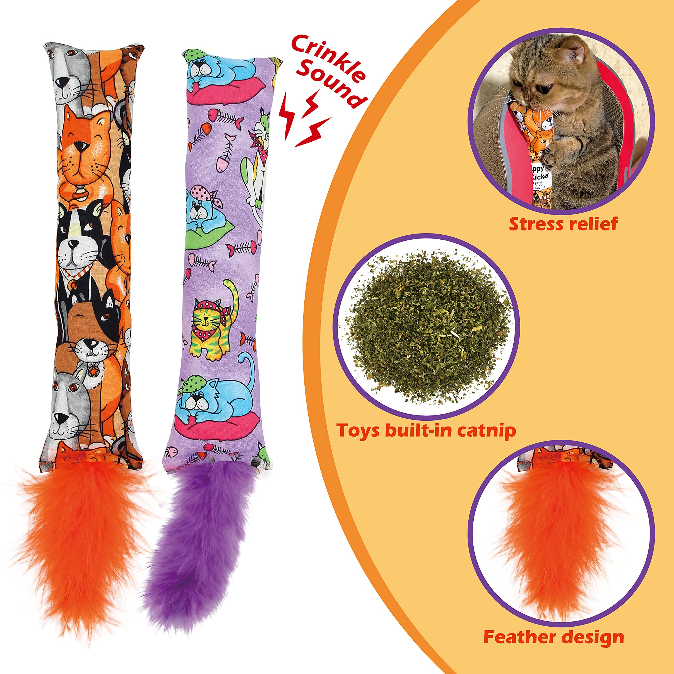 Jumpaws catnip kicker with crinkle material sparks curiosity during play.