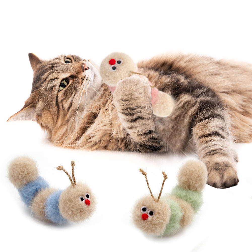 Jumpaws soft fluffy caterpillar cat toy encouraging chasing and cuddling.
