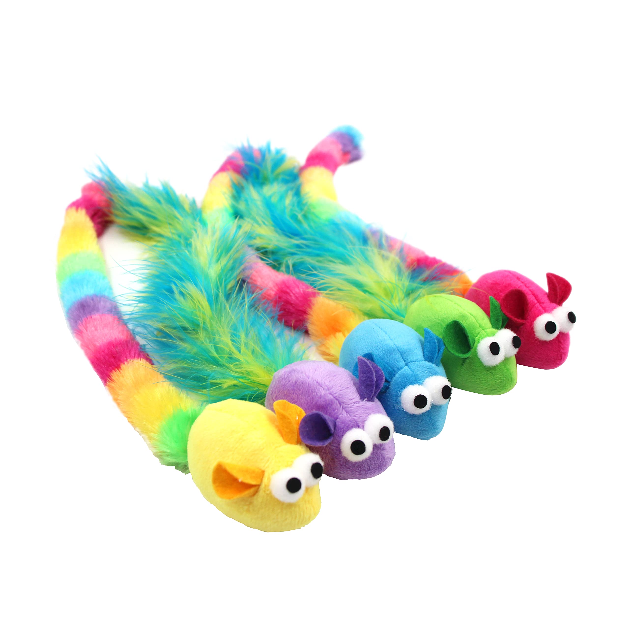 Jumpaws multi-colored catnip mice with feather tails to spark chase.