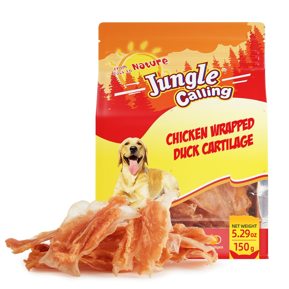 Jungle Calling packaging shows chicken-wrapped bones for protein-rich treats.