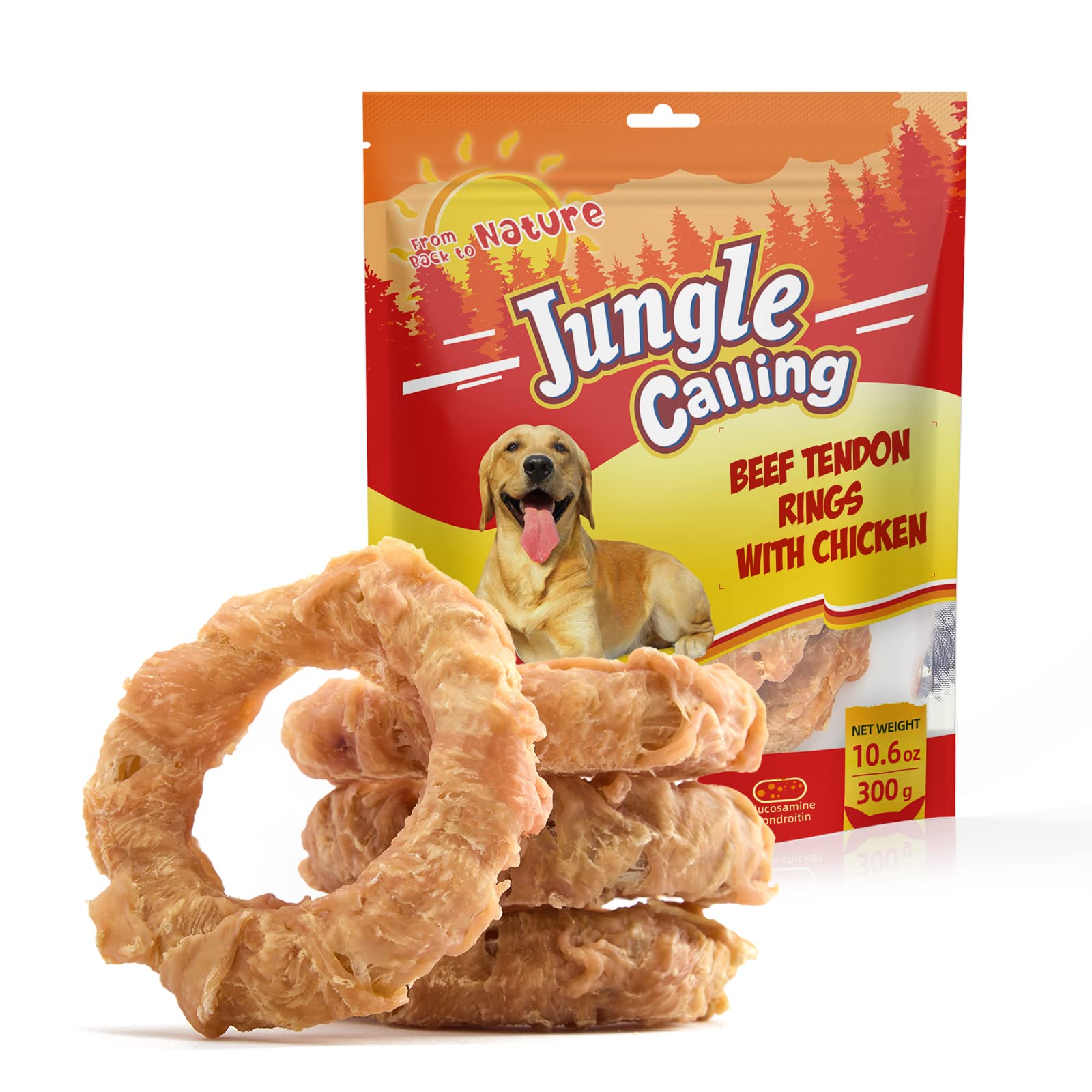Jungle Calling Beef Tendon Ring close-up, showcasing chewy texture for long-lasting dog enrichment.