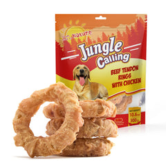 Jungle Calling Beef Tendon Ring close-up, showcasing chewy texture for long-lasting dog enrichment.
