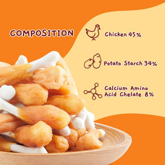 Chewy chicken bone close-up highlighting calcium-forward formula.