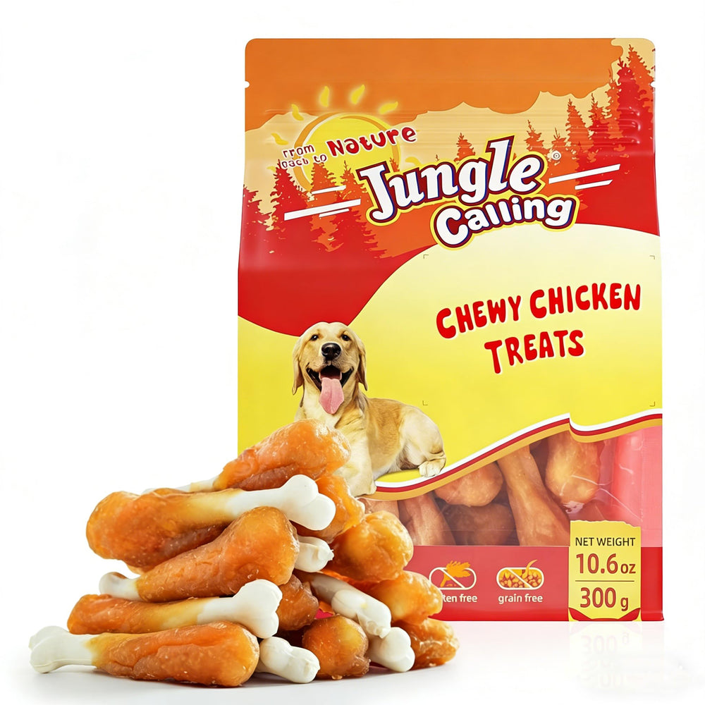 Jungle Calling chicken dog treats package shows rawhide-free formulation for dogs.
