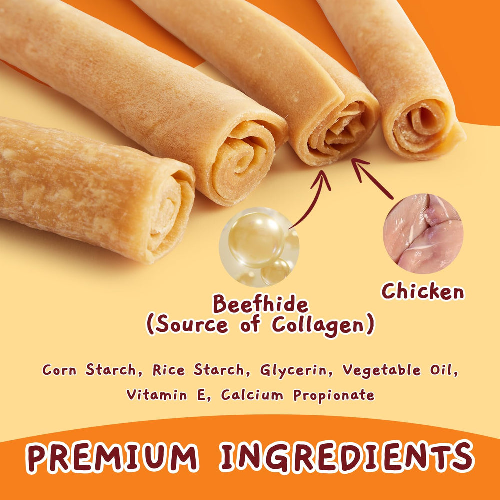 Chicken-flavored collagen treats designed to support teeth as dogs chew.