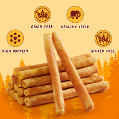Jungle Calling chicken-flavored dog chew closeup highlights high-protein snack.