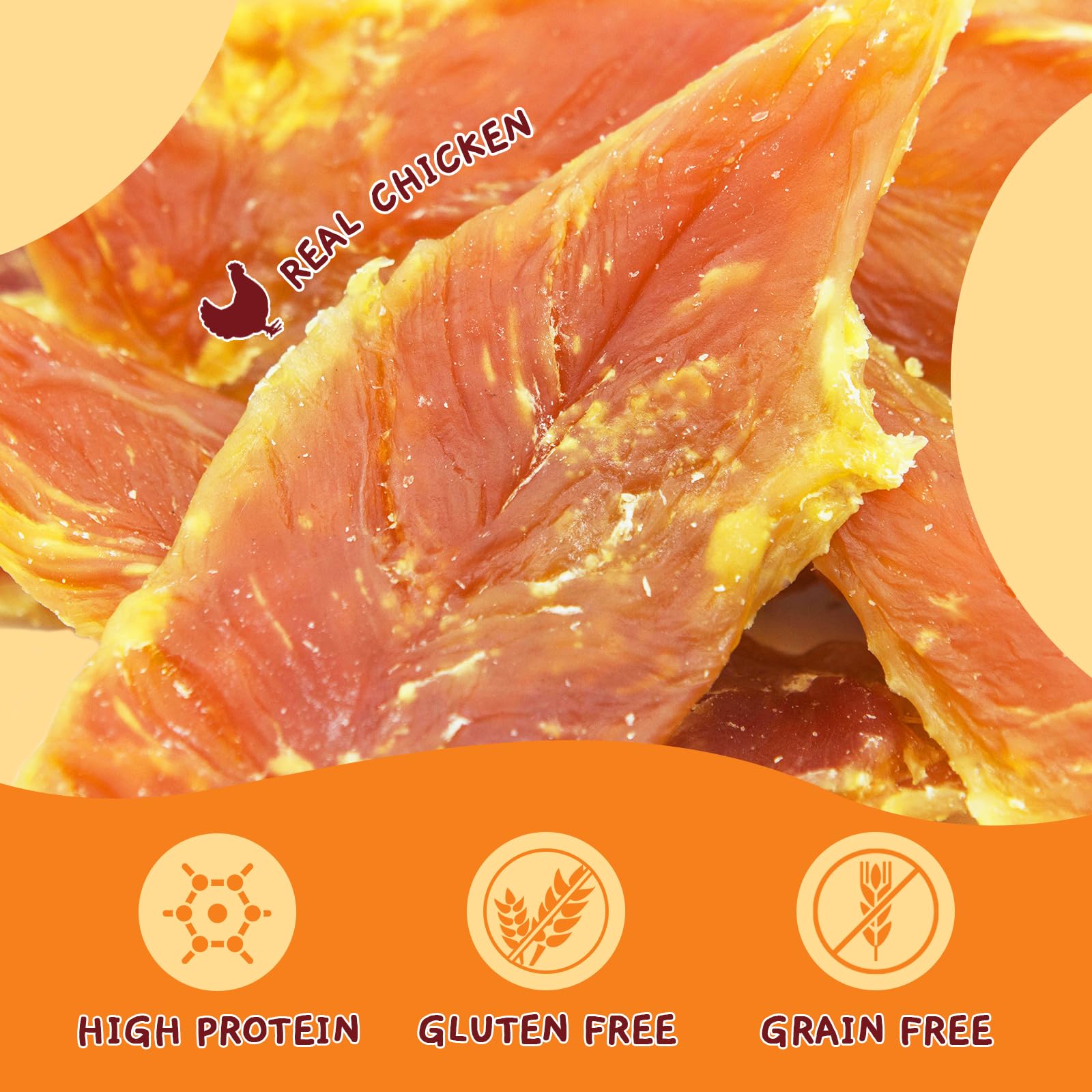 Jungle Calling chicken jerky close-up slices, high-protein dog snack.