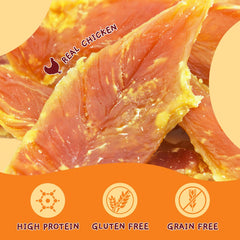 Jungle Calling chicken jerky close-up slices, high-protein dog snack.