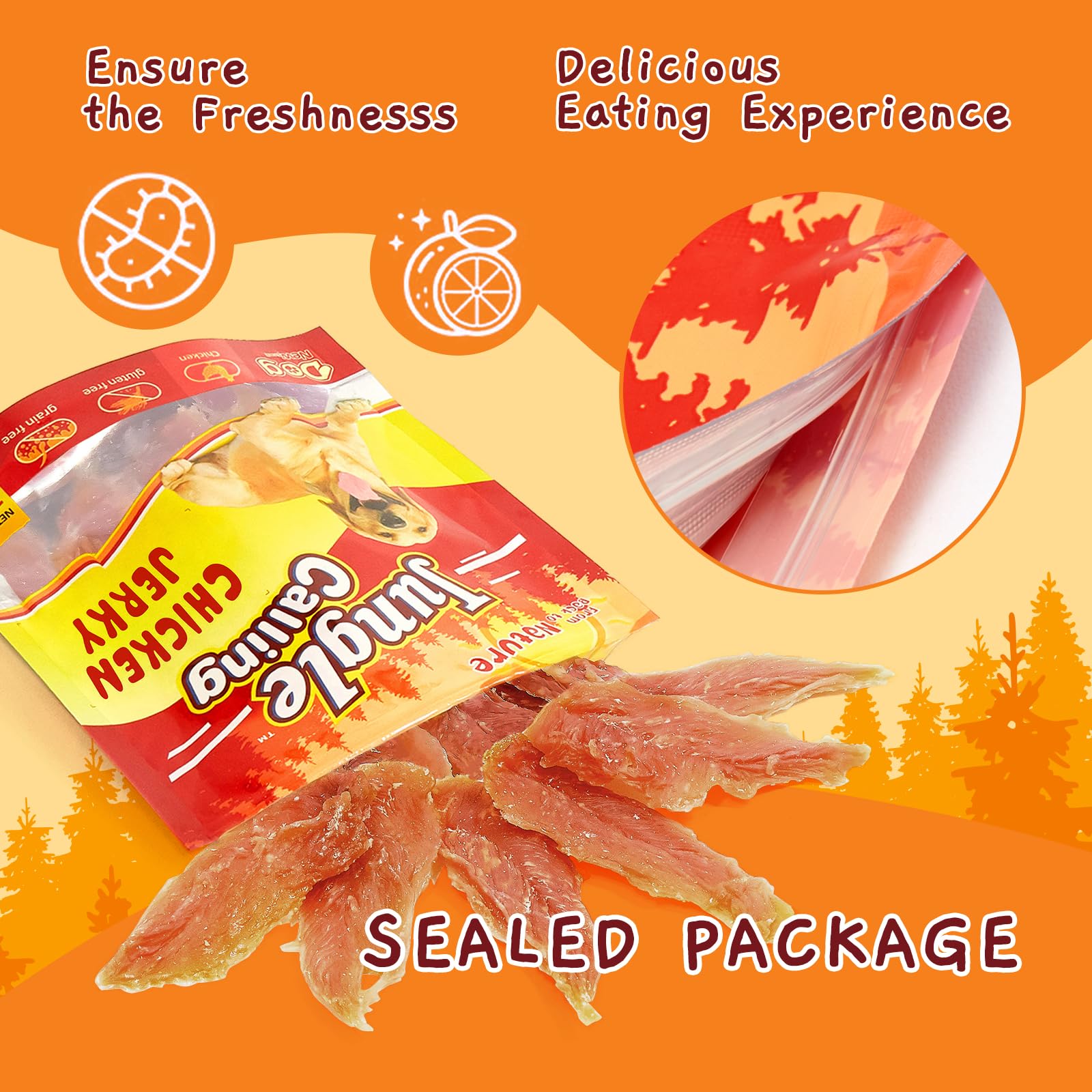Jungle Calling chicken jerky for coat and skin nourishment from protein.