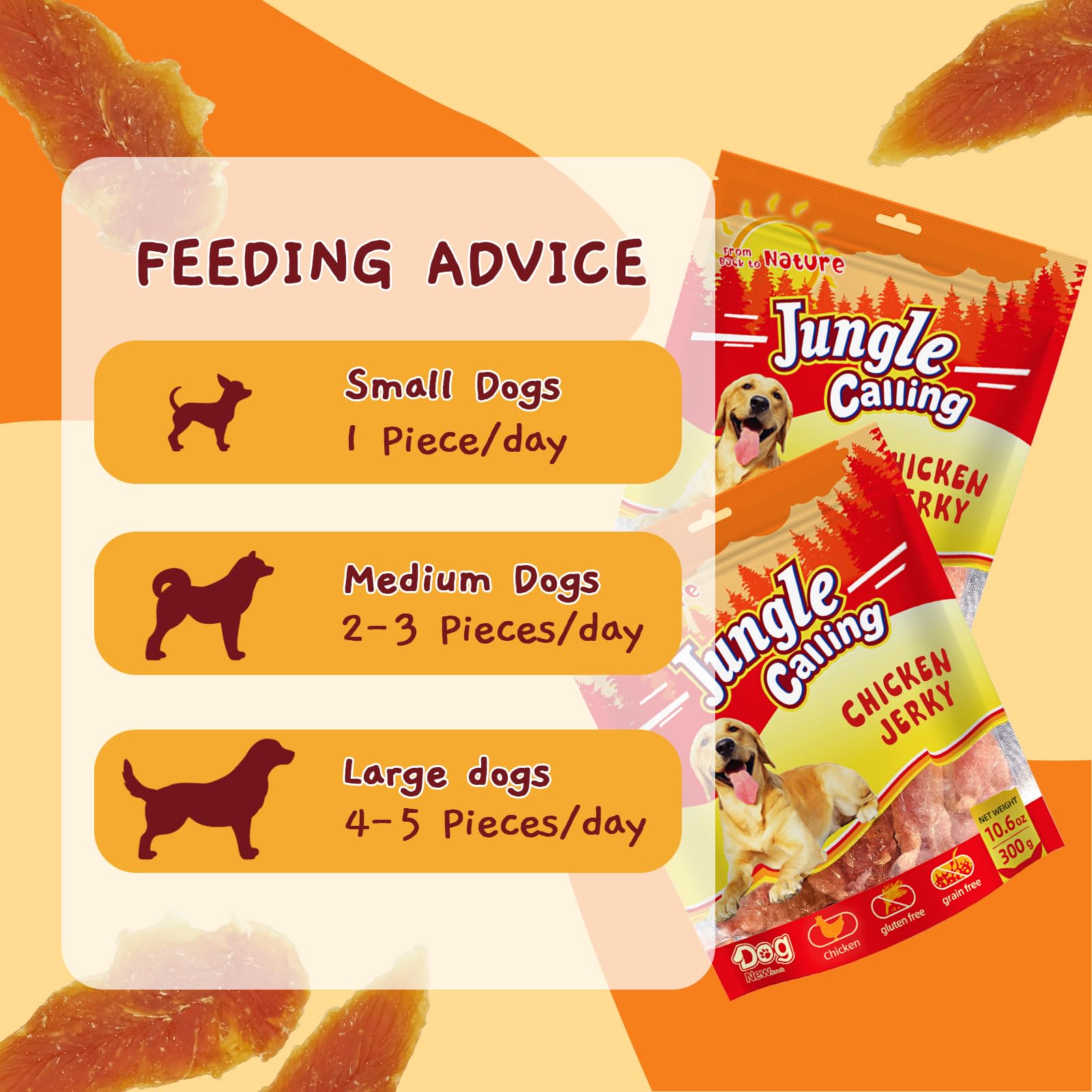 Jungle Calling packaging back with calories per pack for portions.