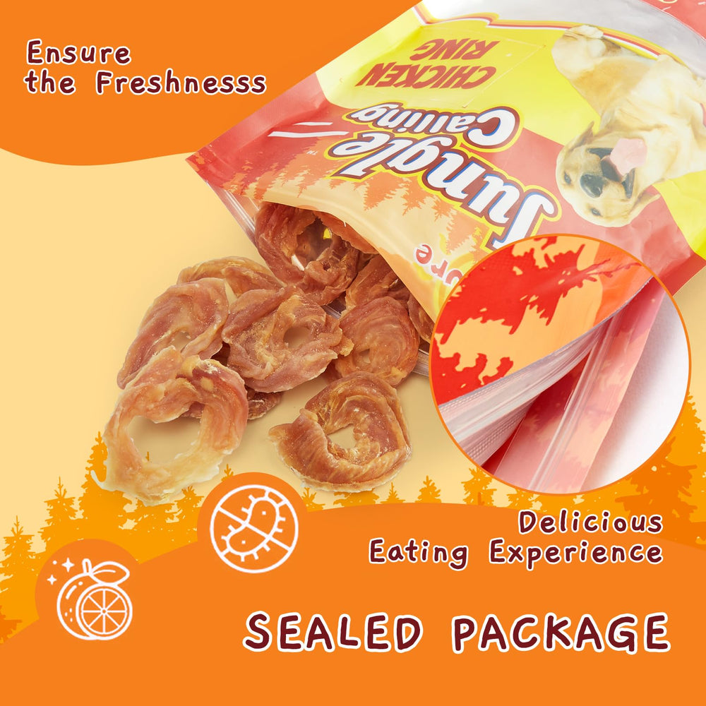 Packaging display of Jungle Calling Chicken Rings 10.6 oz quantity for ongoing treats.