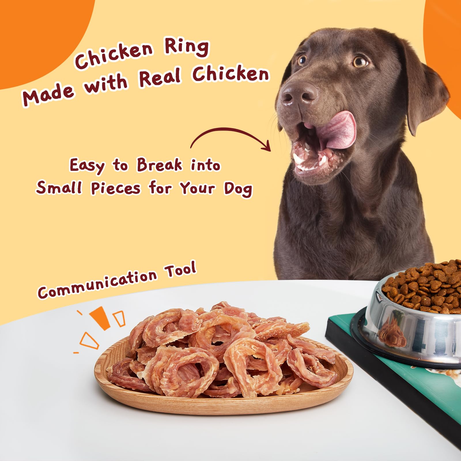 Dental chew action of Jungle Calling Chicken Rings demonstrates mouth engagement during chewing.