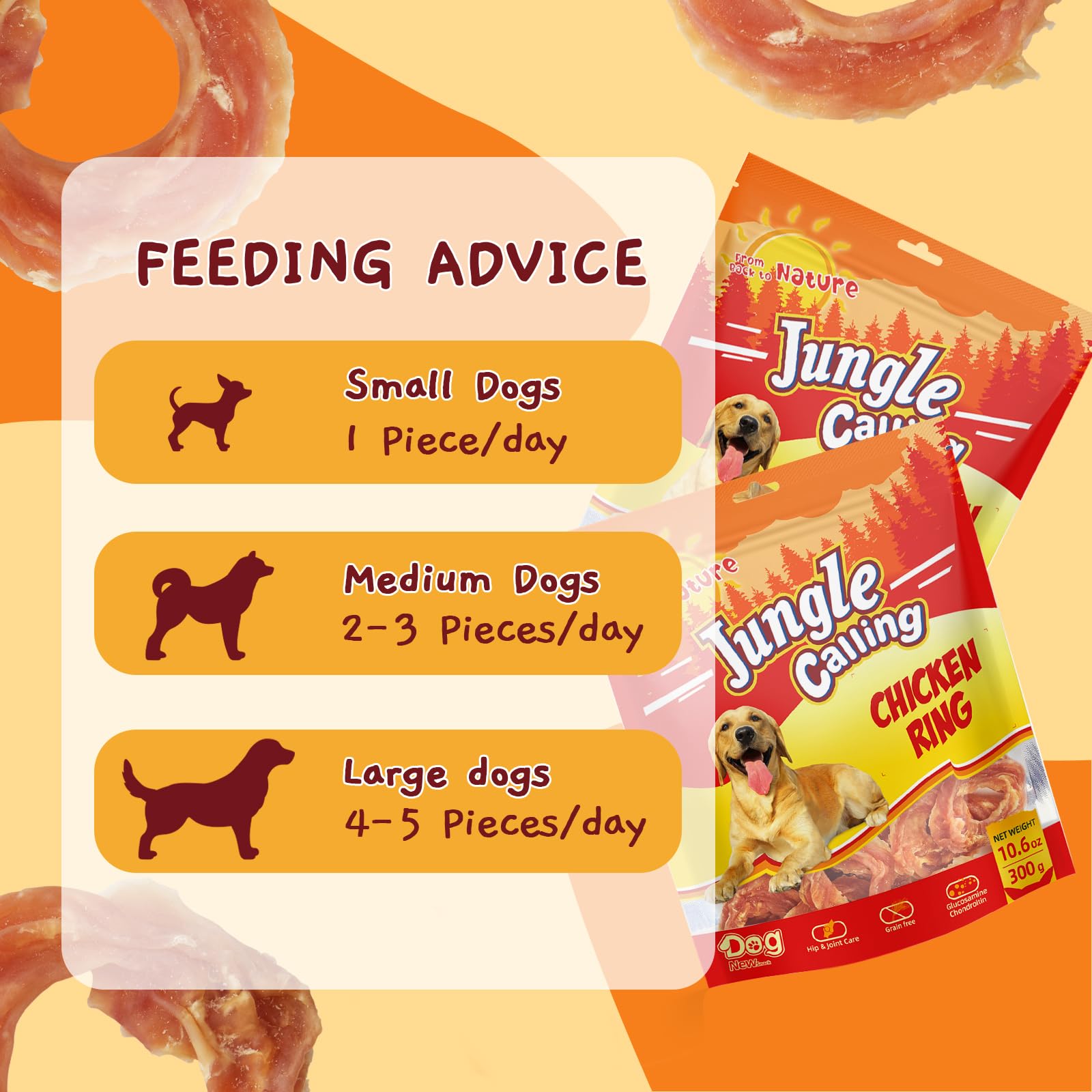 Rawhide-free label on Jungle Calling Chicken Rings for a safer chewing option.