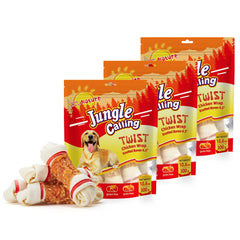 Jungle Calling chicken-wrap knotted bones in a pack for long-lasting chew sessions.
