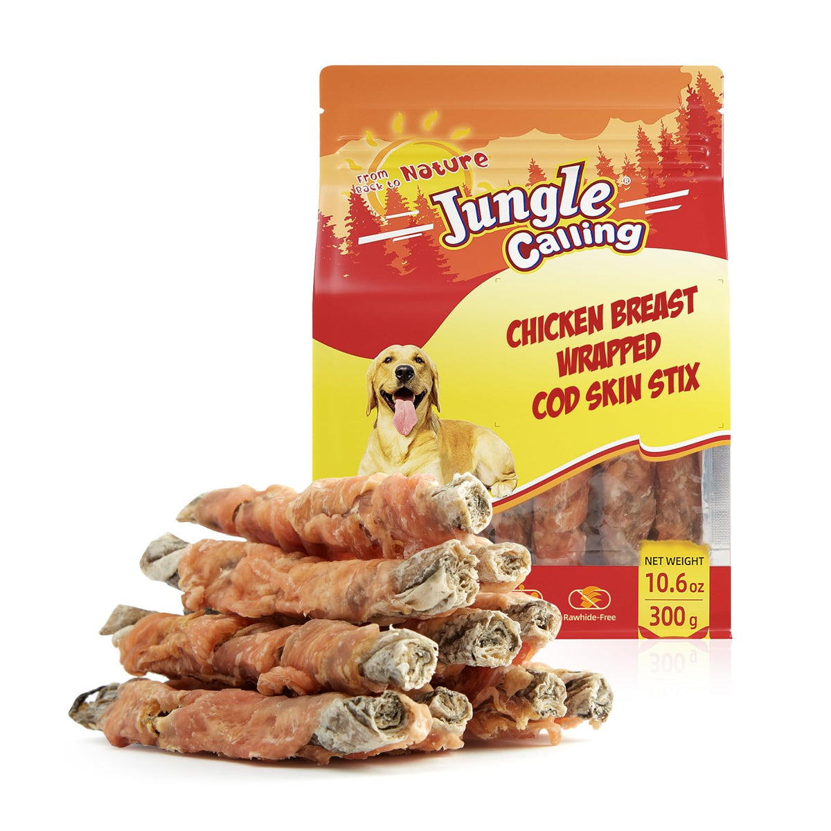 Jungle Calling Chicken Wrapped Cod Skin Stick close-up showing a protein-rich chew for dogs