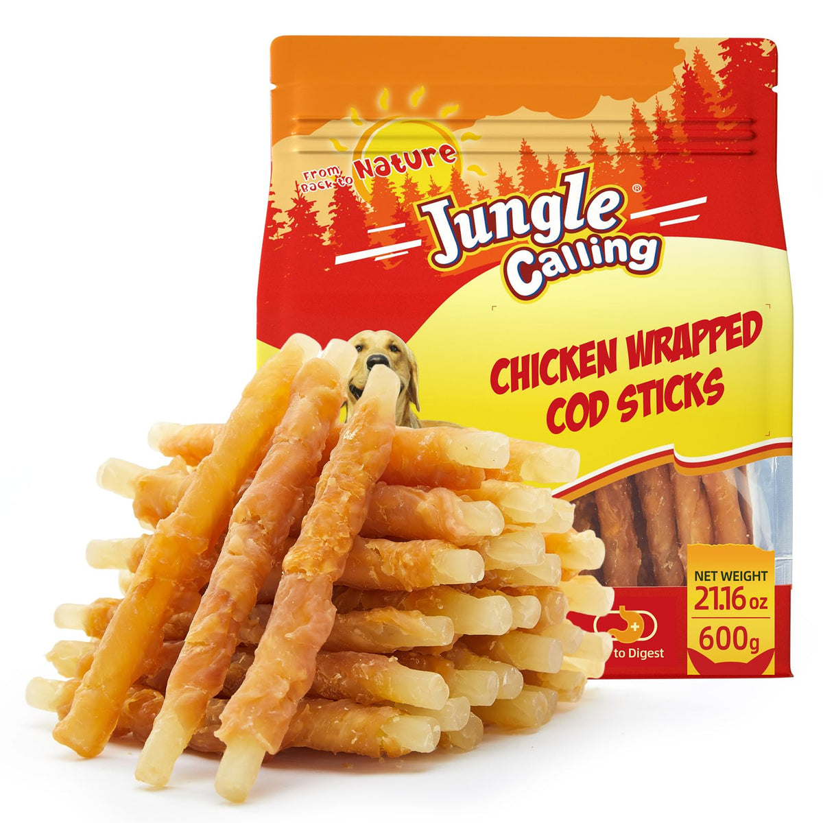 Jungle Calling chicken-wrapped cod stick dog treat, 4.5 inches, long-lasting chew for dogs