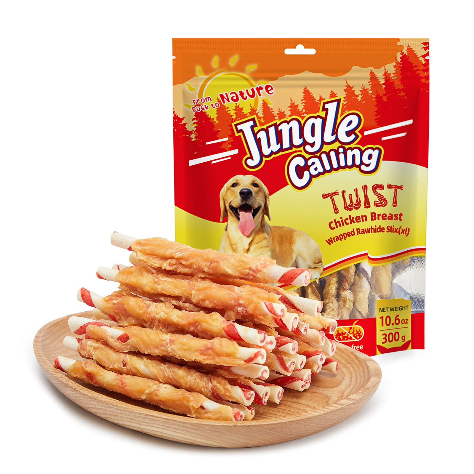 Jungle Calling chicken-wrapped-rawhide-chew-sticks promote dental health and tasty rewards