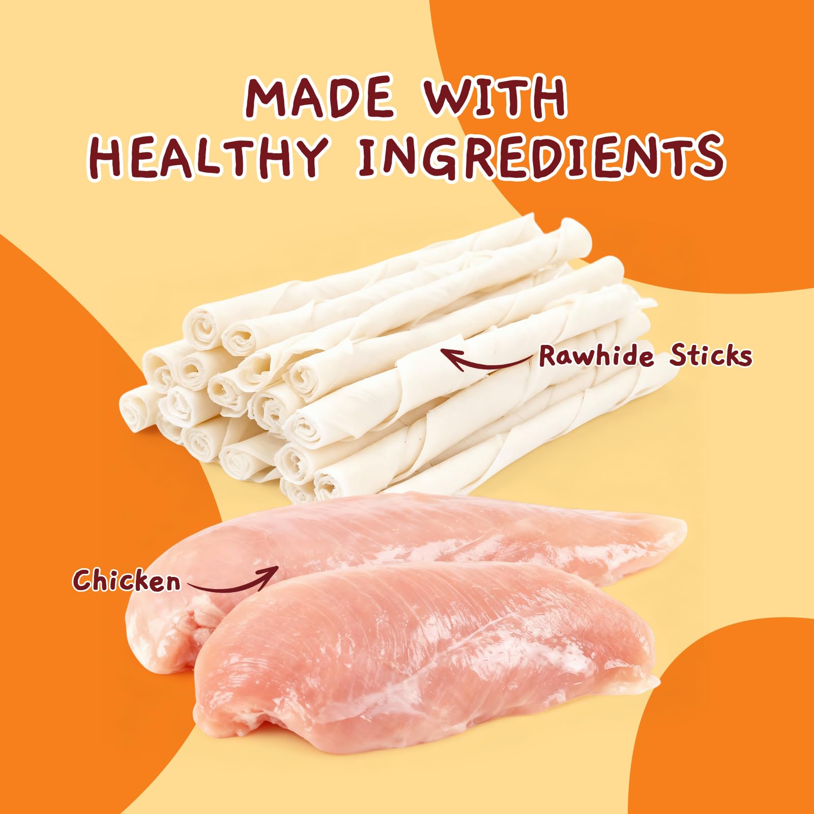 Closeup of Jungle Calling chicken wrapped rawhide stick texture