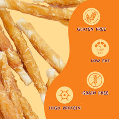 Jungle Calling chicken-wrapped rawhide twists closeup shows crunchy texture for rewards.