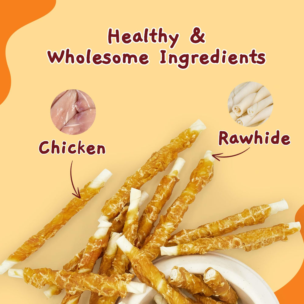 Jungle Calling close-up of chicken-wrapped rawhide shows protein-rich chew