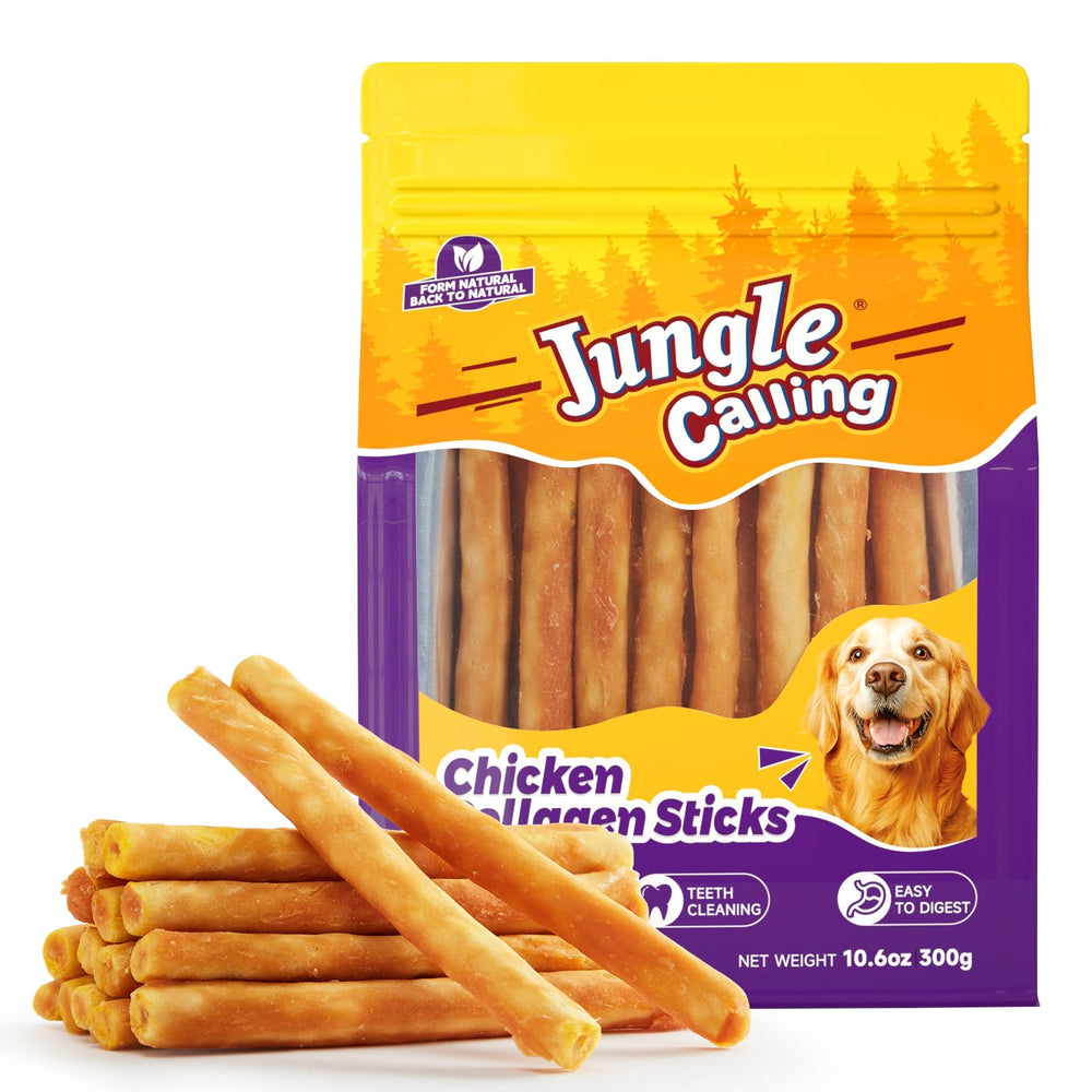 Jungle Calling collagen sticks dog chew, 5in pack shot, supports dental cleaning and tasty chicken flavor.