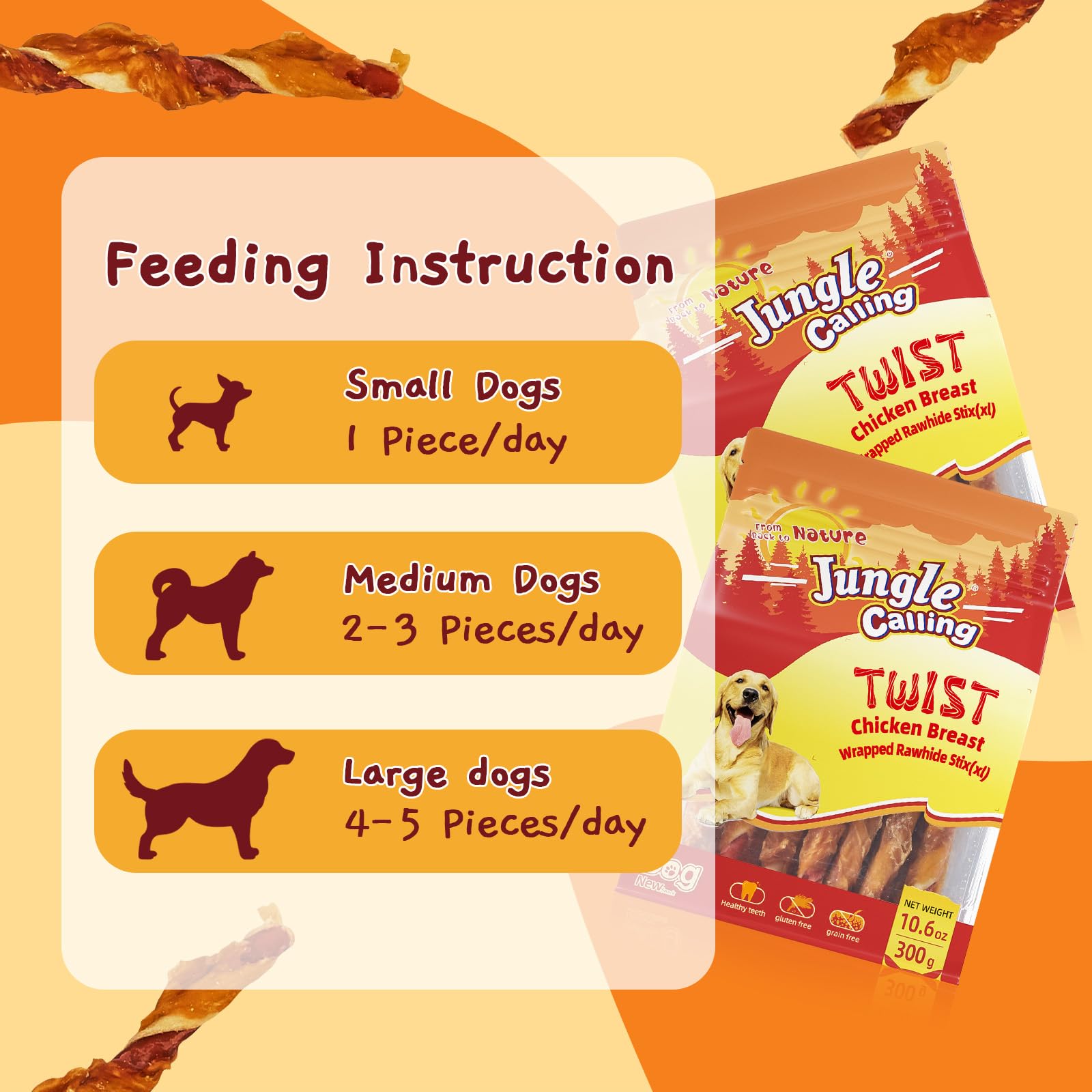 Jungle Calling dog treats packaging highlights high-protein, low-fat dental chews