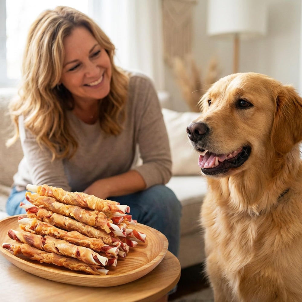 Jungle Calling dog treats - rawhide-wrap-closeup shows chicken-wrapped texture and chew appeal