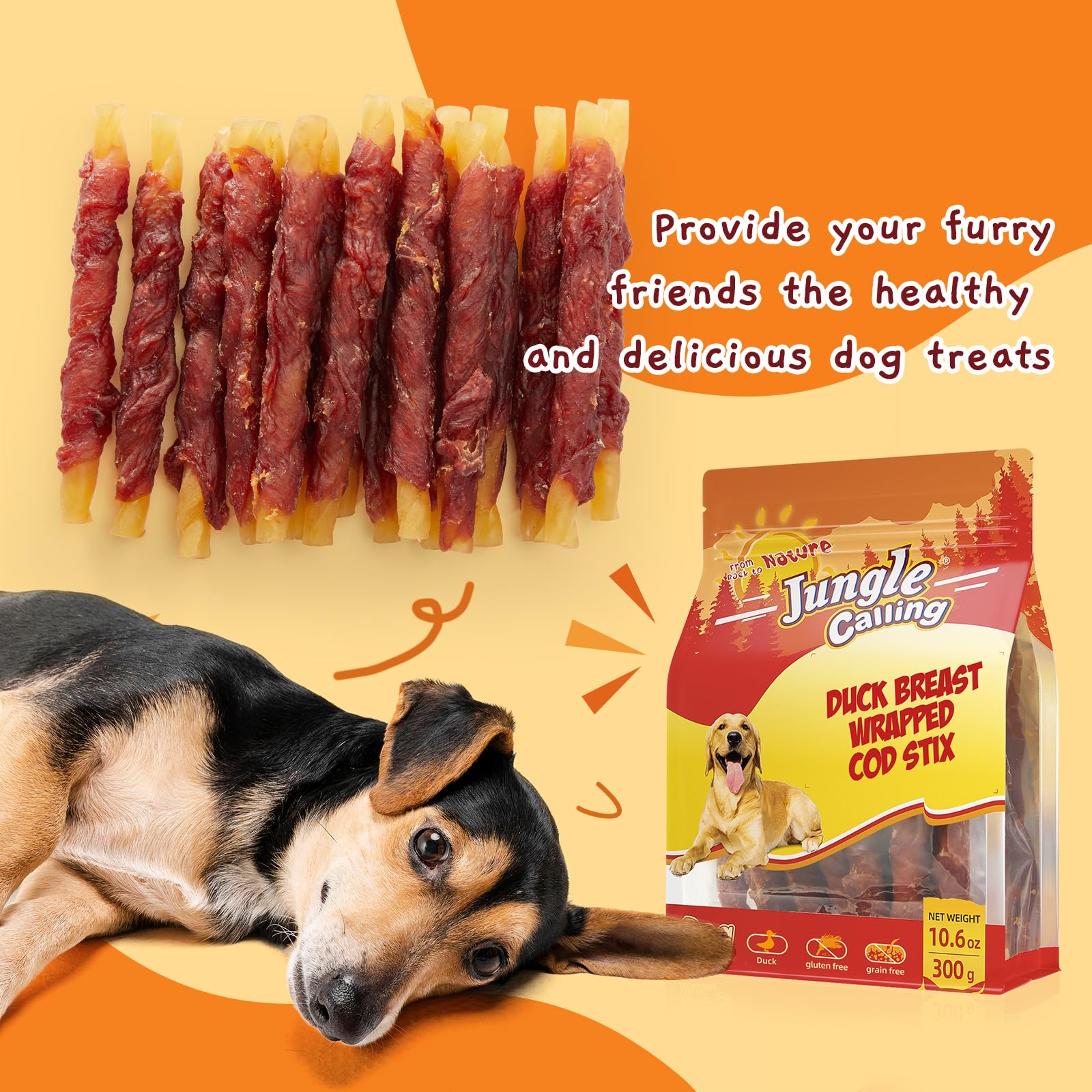 Dog chewing Jungle Calling duck wrapped cod sticks; rawhide-free option.