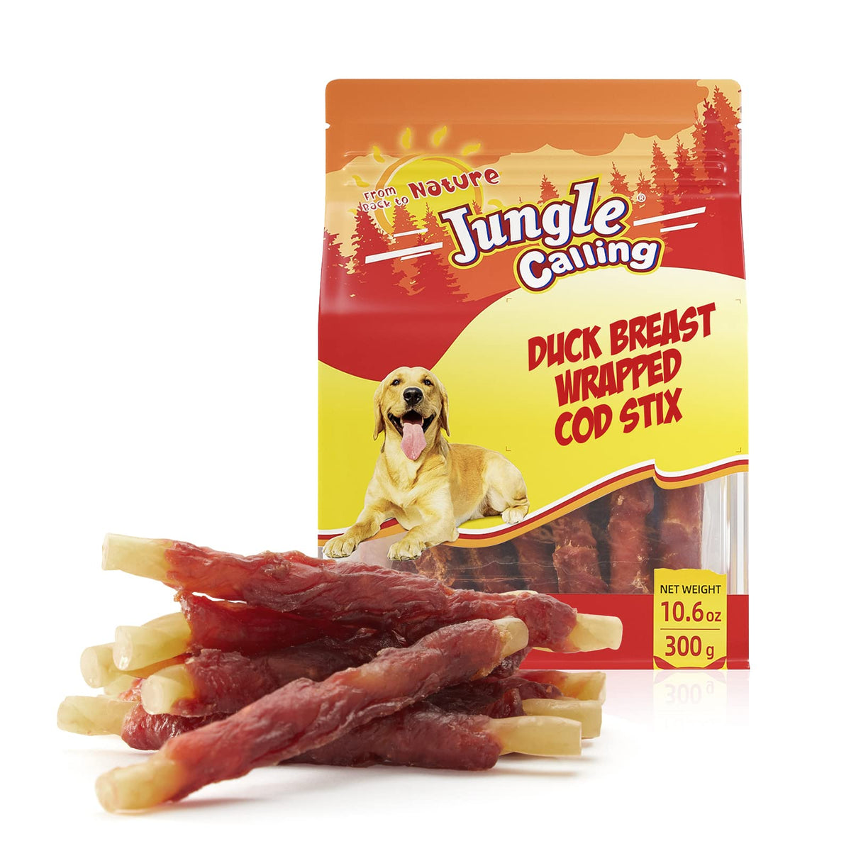 Jungle Calling duck wrapped cod sticks pack — high-protein dog treat for training.