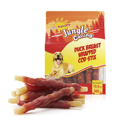 Jungle Calling duck wrapped cod sticks pack — high-protein dog treat for training.