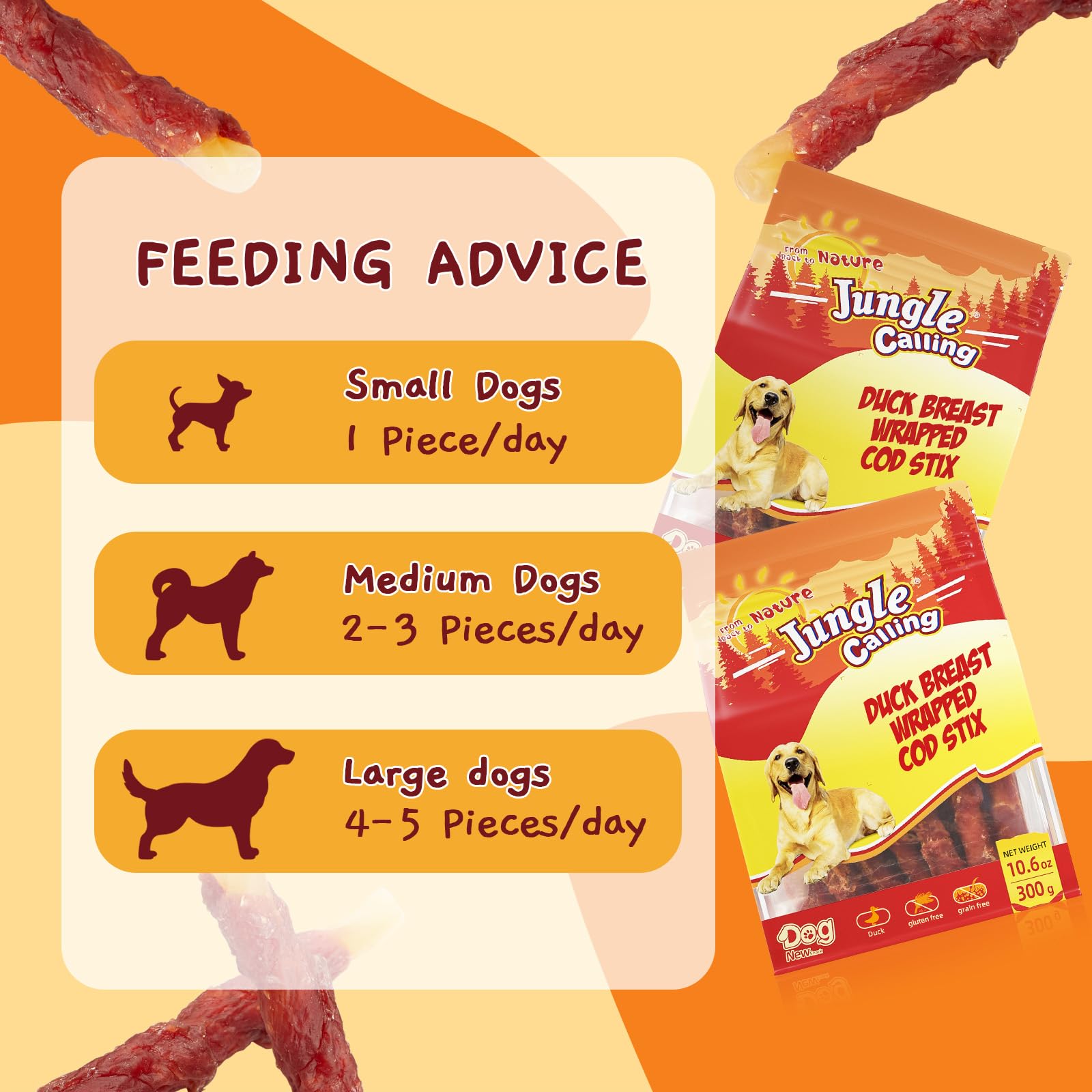 Jungle Calling protein-rich duck wrapped cod sticks for daily energy.