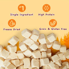 Close up of Jungle Calling chicken cubes showing texture and nutritional value.