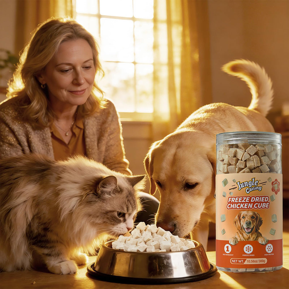Jungle Calling freeze dried chicken treat calorie jar measures portions for control
