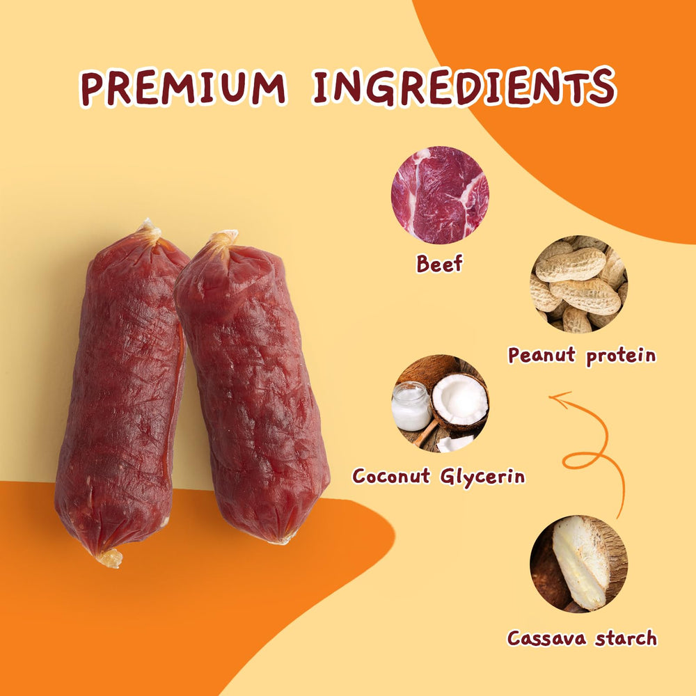 Jungle Calling grain-free beef sausage treats, gluten-free ingredients highlighted.