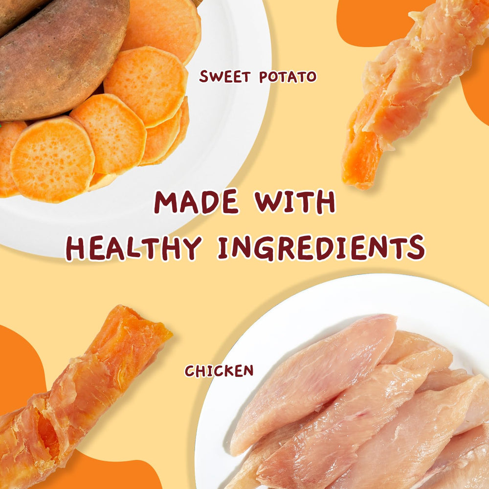 Rawhide-free Jungle Calling dog treats, made with chicken and potato for healthy chews.