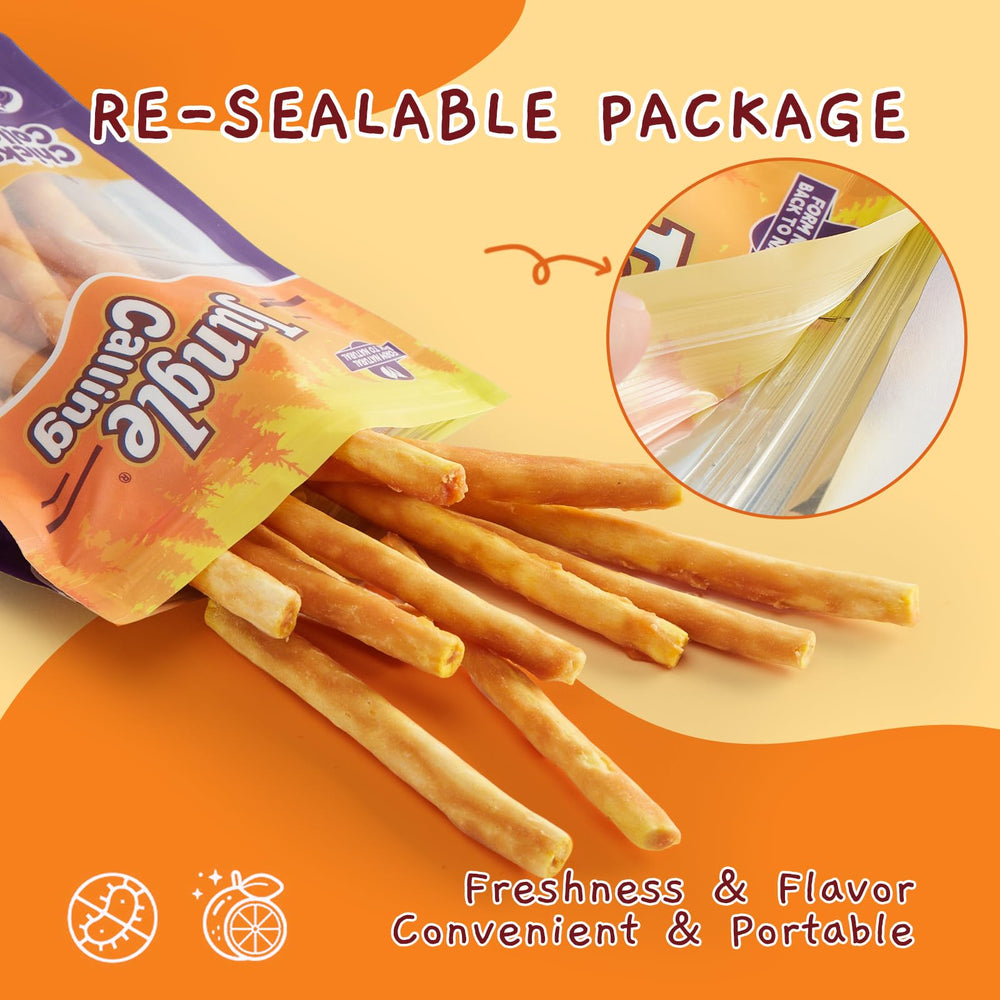 Jungle Calling high-protein collagen sticks closeup emphasizes joint, coat benefits.