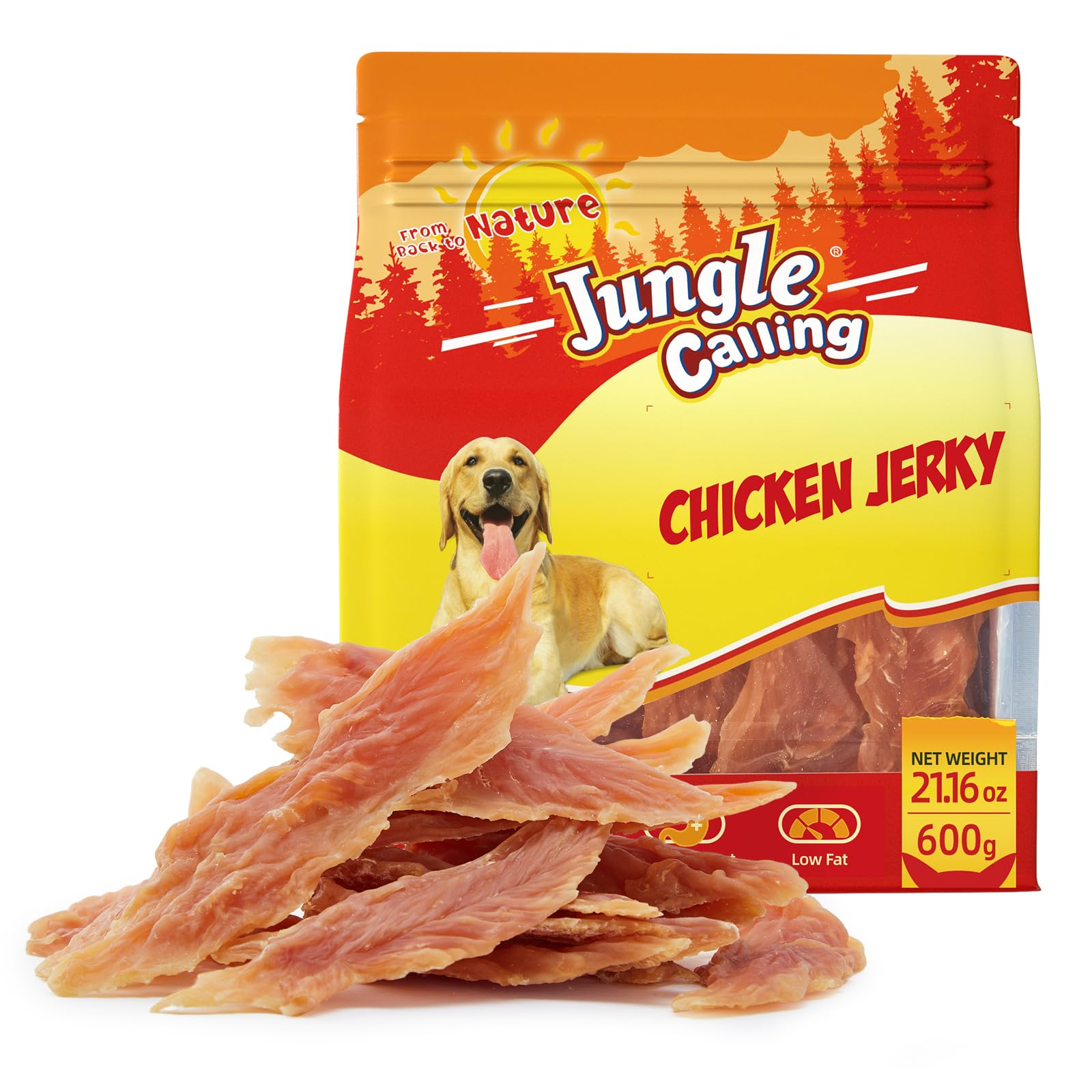 Jungle Calling jerky bag front view highlighting real chicken for high-protein training rewards