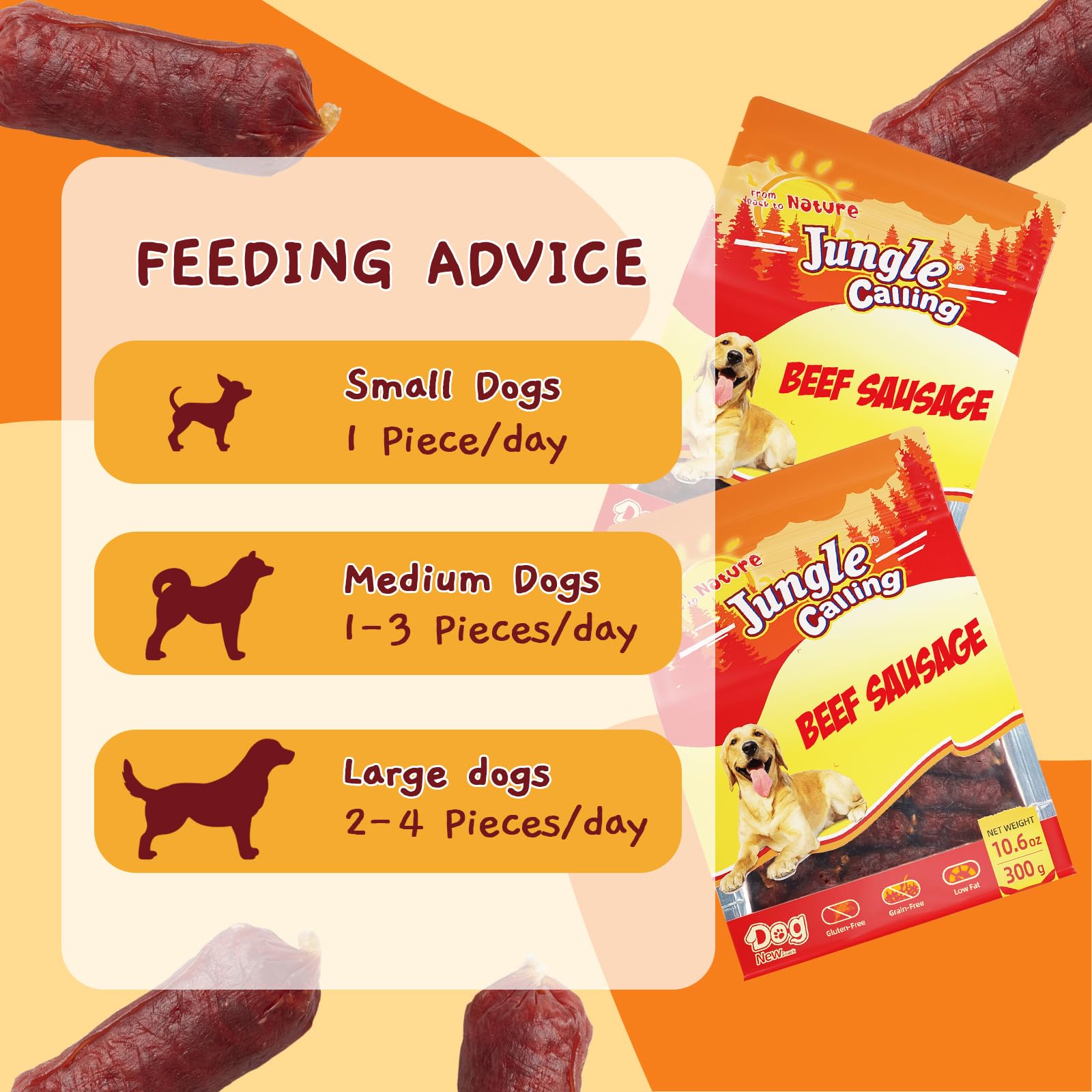 Jungle Calling portion-size beef sausage treats, perfect for training sessions.