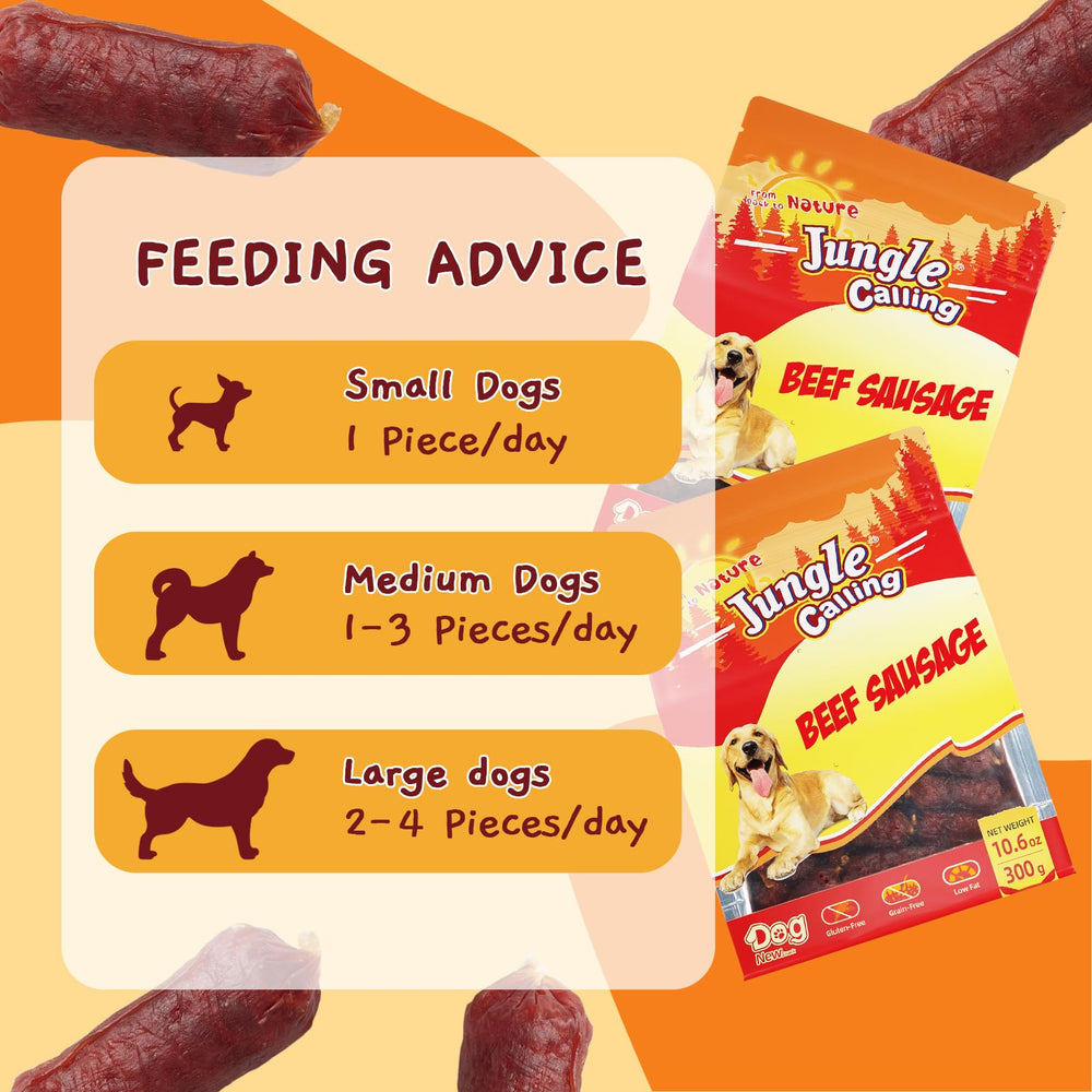 Jungle Calling portion-size beef sausage treats, perfect for training sessions.
