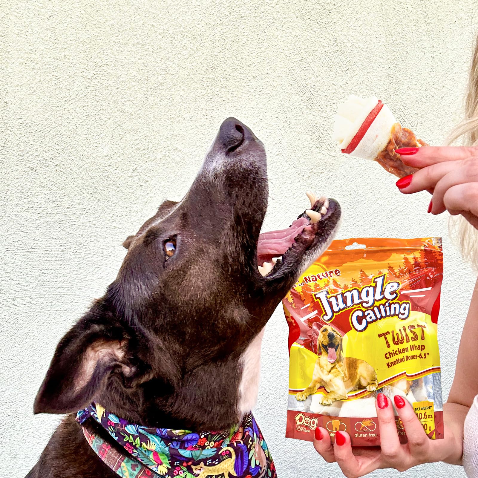 Jungle Calling rawhide bone pack – measured energy info for mindful treats.