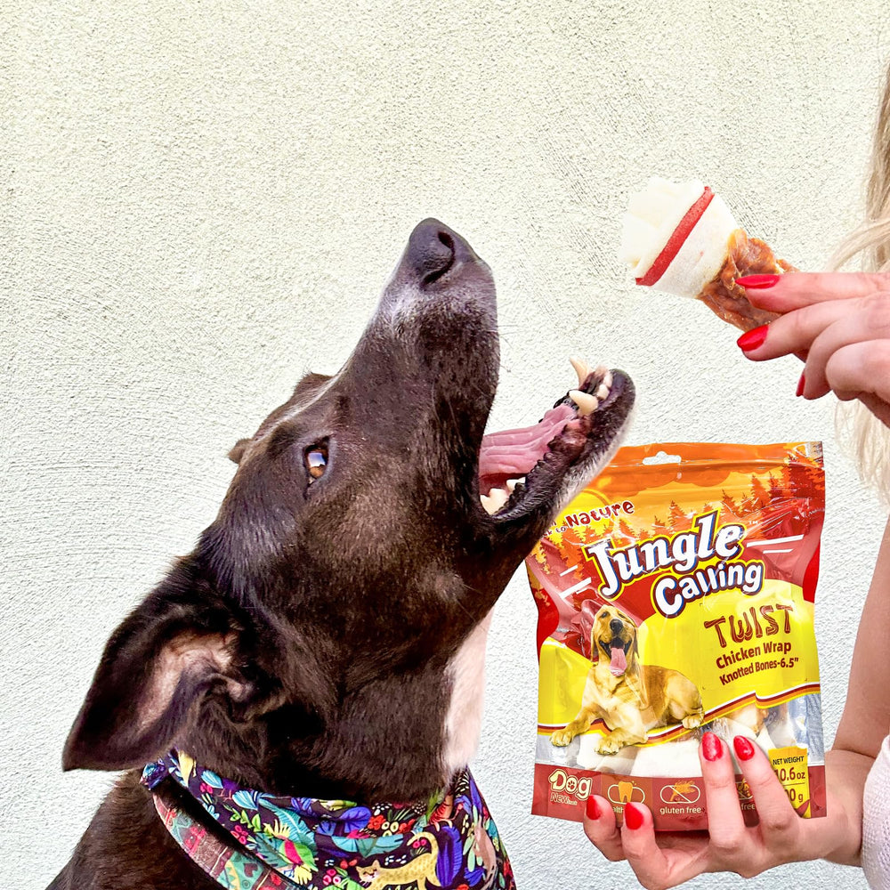 Jungle Calling rawhide bone pack – measured energy info for mindful treats.