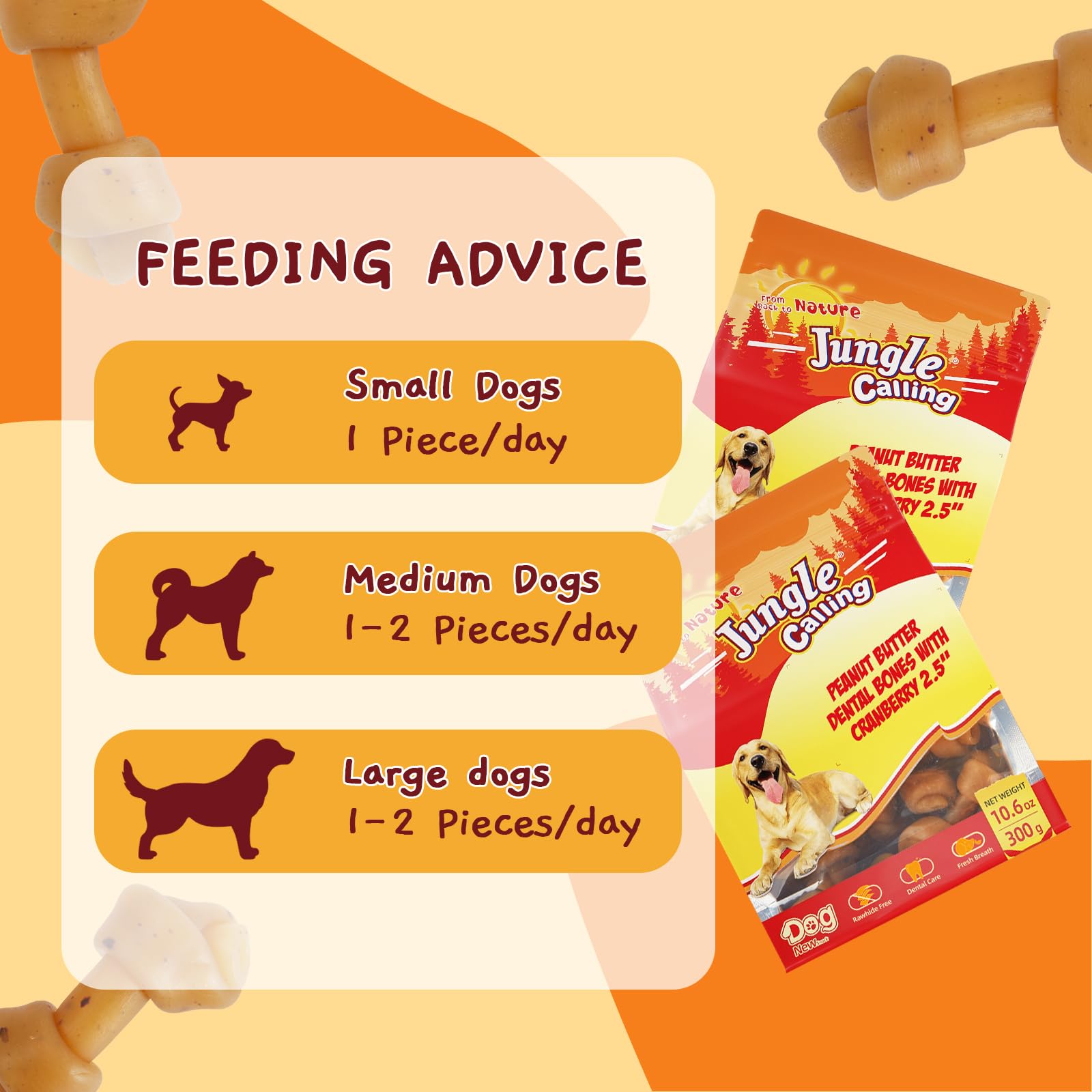 Jungle Calling rawhide-free bones demonstrate safe chew option for sensitive mouths.