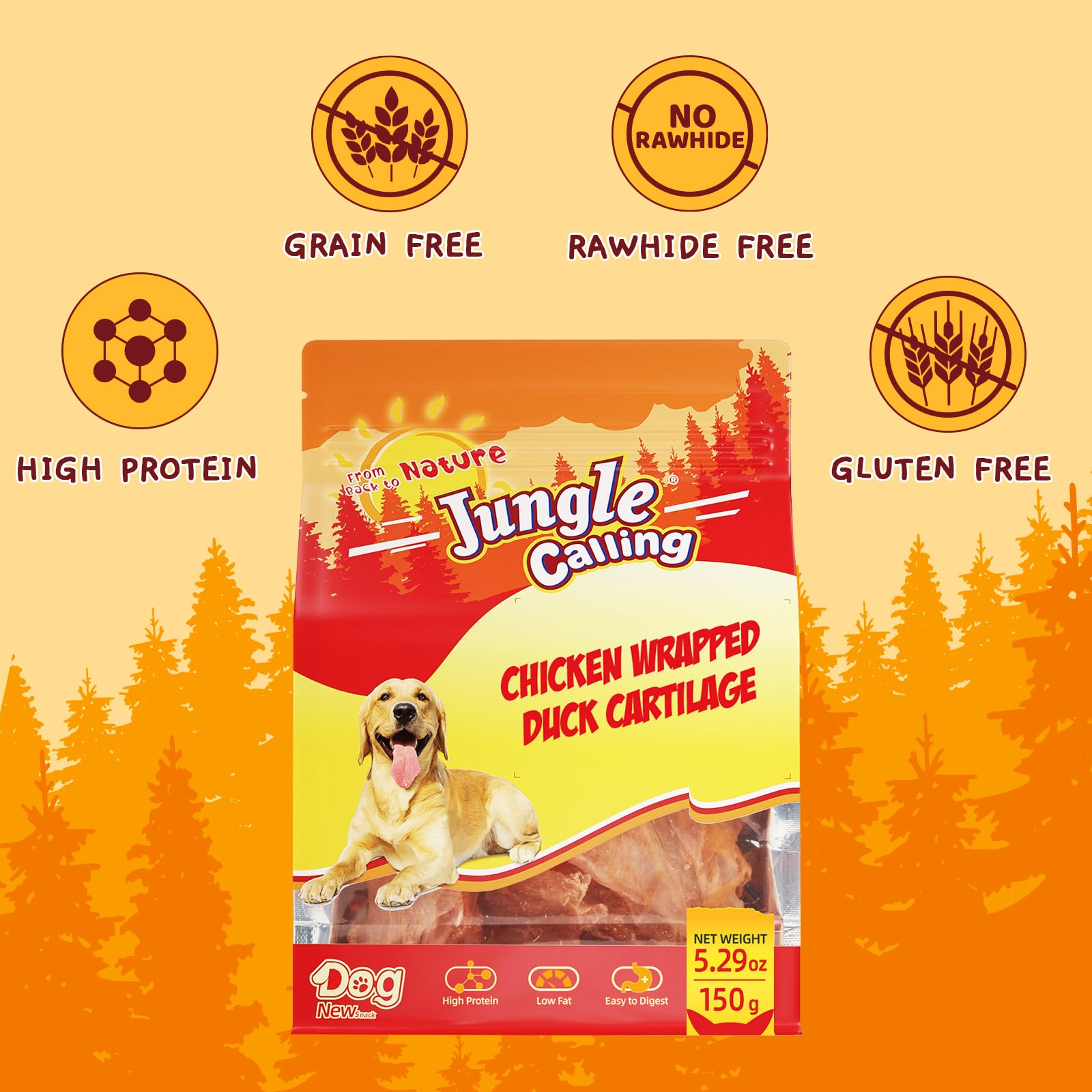 Jungle Calling rawhide-free chews display, alternative dog chew.