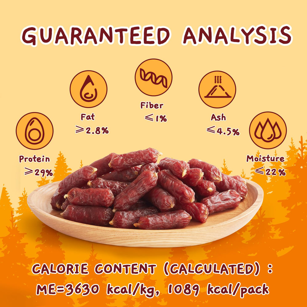 Jungle Calling resealable bag, easy storage for beef sausage treats.