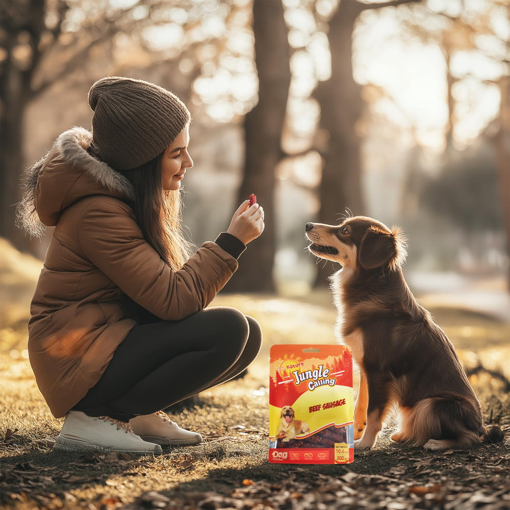 Jungle Calling senior-friendly beef sausage treats, soft texture for older dogs.